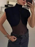 Black Loose Spliced Mesh Jumpsuits for Women Stand Collar Sleeveless Sexy Temperament Jumpsuit Female Fashion New