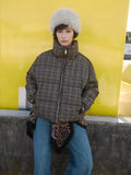 Trendy Vintage Plaid Padding Jacket Women Stand-up Collar Zipper Cotton Coat Lady Fall Winter High Street Casual Outwear 2026