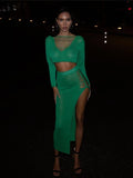 Sexy Lady Two Pieces Sets Hollow Out Crochet Knitted Suit Parti Dresses Women 2 Piece Matching Set with Midi Skirt Outfit