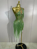 Sexy Green One Shoulder See-Through Sparkly Rhinestones Tassel Dress Women Latin Dance Outfits Bar Nightclub Party Stage Costume