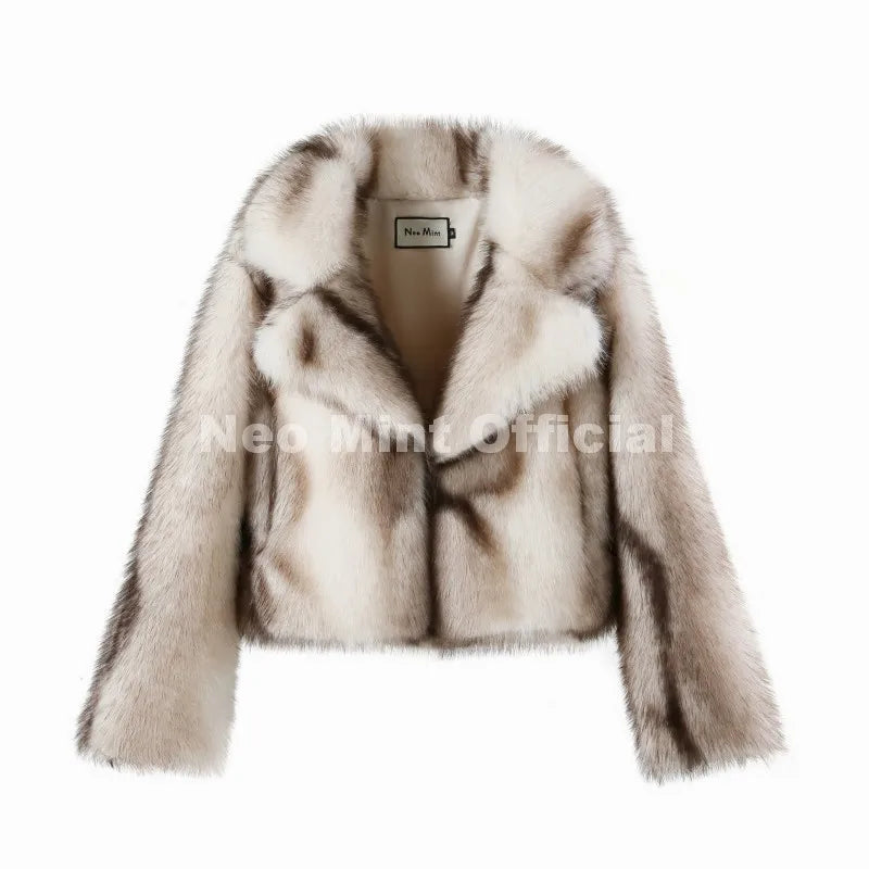 Ins Hot Blogger Fashion Striped Faux Fur Jacket for Women Winter Lapel Collar Fluffy Eco Fox Fur Coat Stylish Outerwear