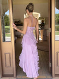 Women'S Irregular Pleated Slim Chiffon Long Dress Sexy Backless Ruffle Fashion Party Prom Elegant Evening Gown 2025 New
