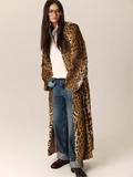 Leopard Print Faux Fur Long Coat Women Plush Belted Waist V Neck Loose Fit Thick Maxi Coats Warm Winter Elegant Luxury Outerwear
