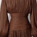 Luxury Afternoon Tea High Neck Pleated Maxi Dress for Women Puff Sleeve Ruched Waist Tiered Flared Skirt for Wedding Guest