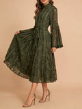 Elegant Vintage Green Lace Midi Dress for Women High Neck Sheert Flare Sleeve Belted Waist Desgin for Luxury Dinners Party