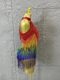 Sexy Rainbow Gradient Fringe Halter Bodysuit Rhinestone Choker Women Stage Performance Carnival Party Outfit