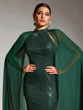 Sexy Party Women's Green Sequined Dress Fashion Chiffon Cloak Sleeve Bodycon Wedding Guest Evening Cocktail Long Dresses