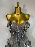 Sparkly Silver Rhinestone Sequins Strapless Mesh See Through Mini Dress Birthday EveningParty Nightclub Singer Stage Costume