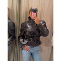 Stand Collar Faux Leather Cropped Jacket Waist Belted Button Long Sleeve Outerwear Winter New Street Women Daily Casual Outfit