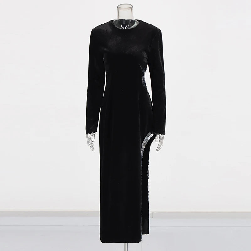 Solid Spliced Sequines Slimming Dresses for Women O Neck Long Sleeve Temperament Dress Female Fashion Style