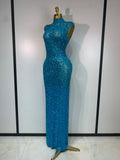 Sparkly Rhinestone Sleeveless Stretch Long Dress Women Sexy Mesh Celebrate Evening Prom Luxury Birthday Dress Evening Party Wear