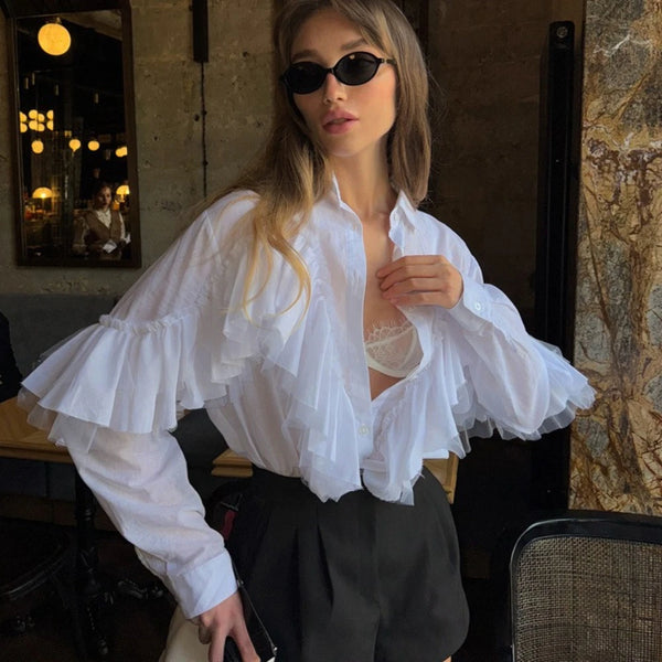 French Office Spliced Ruffled White Shirt for Women Lapel Long Sleeves Temperament Basics Shirts Female Autumn New