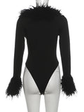 Patchwork Plush Bodysuit Women Deep v-Neck Full Sleeve Skinny High Elasticity Sexy Hottie Midnight Autumn Streetwear