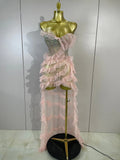 Sexy Strapless Mesh Ruffled Pink Long Dress Sparkly Diamond Birthday Evening Party PhotoShoot SeeThrough Nightclub Stage Costume