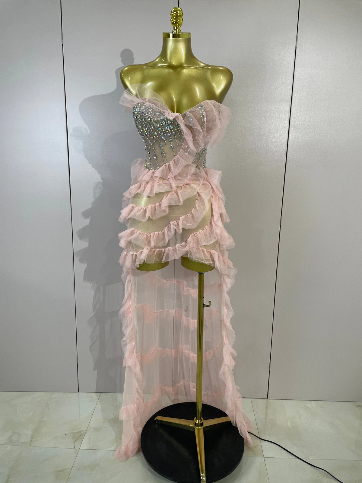 Sexy Strapless Mesh Ruffled Pink Long Dress Sparkly Diamond Birthday Evening Party PhotoShoot SeeThrough Nightclub Stage Costume