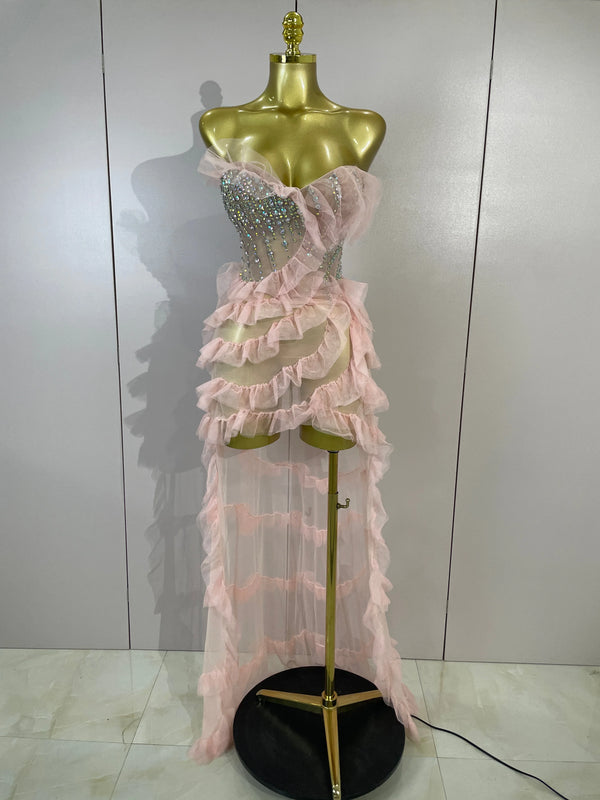 Sexy Strapless Mesh Ruffled Pink Long Dress Sparkly Diamond Birthday Evening Party PhotoShoot SeeThrough Nightclub Stage Costume