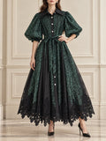 Spotted Print Shirt Maxi Dress for Women Puff Sleeve Point Collar Self Tie Sash Waistband Lace Hem Patchwork Mesh Overlay