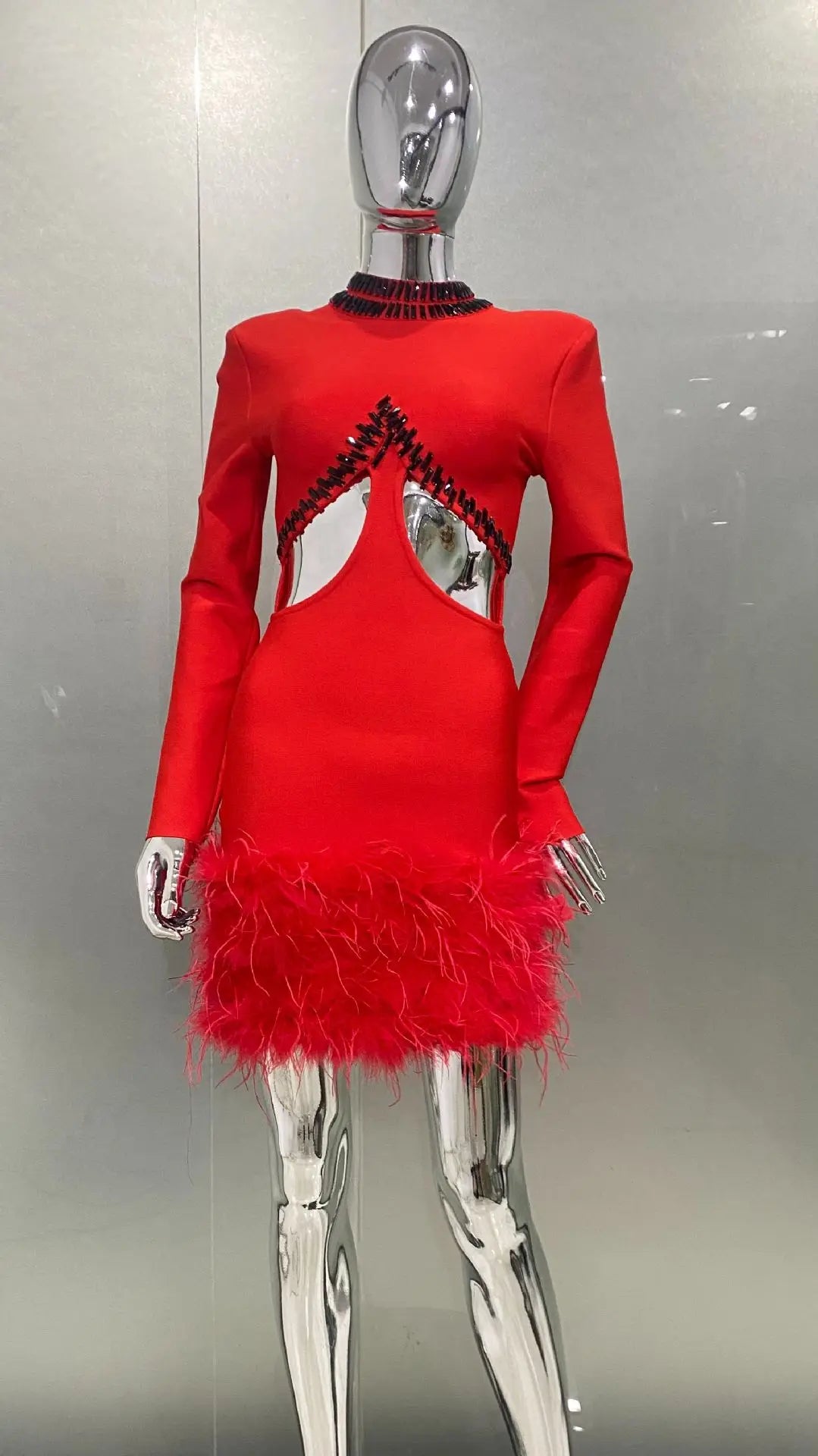 2026 Luxury Ostrich Feather Glam Hollow Red Bandage Dress Christmas Party Dinner Performance Wear Cocktail Formal Evening Gown