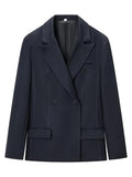 Navy Business Meetings Women's White Topstitch Trim Blazers Double Breasted Design Lapel Blazer for Office Commute