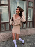 Elegant Women Knit Skirt Set Lady V Neck Button Pocket Cardigan And Mini Skirt 2 Piece Outfit Soft Fuzzy Sweater Matching Suit