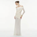 Sexy Sheer Mesh Maxi Dress for Women Slash Neck Long Sleeve High Waist Patchwork Folds Slimming Dresses Female New