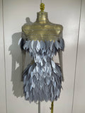 Women Eveing Party Luxury Birthday Nightclub Stage Wear Sparkly Diamond 3D Acrylic Leaf Long Sleeves Mesh Transparent Mini Dress