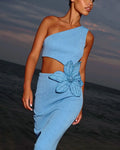 Flower Beads Glam Hollow Waist Slanted Shoulder Blue Dress Fashion Elegant Party Bandage Stage Performance Dress Vestido De Gala