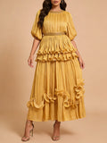 Elegant Chiffon Layered Ruffles Design Dress for Women Short Sleeves Waist Belt Spliced Diamonds Accent for Afternoon Tea