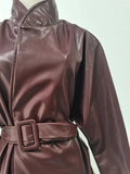 American Retro Burgundy Leather Jacket for Women Stand Collar Long Sleeves Slimming Design Coat Female Winter New