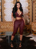 Sexy Fashion 3 Piece Set Woman Polka Dot Print Halter Bra Tops+Low-Neck Mini Sleeve Tees+Skinny Crop Pants Outfits