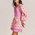 Hit Color Slimming Dresses for Women V Neck Long Sleeve High Waist Temperament Mini Dress Female Fashion