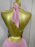 Sexy Sparkly Rhinestones Halter Backless Mesh Velour Short Dress Women Evening Prom Celebrate Birthday Party Stage Wear