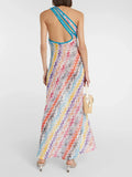 Colorful Print Dresses for Women Diagonal Collar Spliced Hollow Out Sleeveless High Waist Split Dress Female Autumn