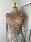 Women Sparkly Crystal Pearl Tassels Sexy Sheer See Through Bodycon Mini Silver Outfit Birthday Dress Dancer Performance Costume