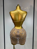 Women Sexy Mesh See Through Mini Dress Luxury Rhinestones Stage Costume Singer Dancer Nightclub Evening Party Birthday Dresses
