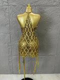 Sexy Crystal Mesh Halter Mini Dress Women Sheer Sequin Embellished Bodycon Outfit Birthday Party Nightclub Performance Costume