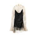 Elegant Lace Patchwork Satin Mini Dress Women High Collar Flare Sleeve See Through Party Dresses Autumn Lady Evening Robes