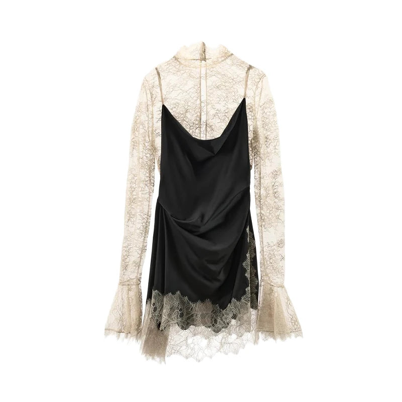 Elegant Lace Patchwork Satin Mini Dress Women High Collar Flare Sleeve See Through Party Dresses Autumn Lady Evening Robes