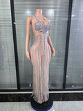 Shinning Sequins Women Sexy Halter Backless Mesh See Through Bodycon Long Dress Celebrate Nightclub Party Birthday Outfit