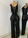 Sparkly Diamonds Sequins Fringes Luxury Jumpsuit Gold Sleeveless Mesh Performance Dance Costume Nightclub Singer Stage Rompers