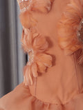Fashion Orange 3D Floral Appliquet Mini Dress for Women Sleeveless O Neck Slim Sheer Tulle Puffed Skirt for Themed Parties