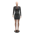 Sexy Mesh Patchwork Bodycon Rhinestone Women Long Sleeve Dress See Through Birthday Party Evening Mini Night Club Dresses
