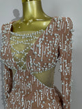 Luxury Sexy Pearl Beading Chain Long Sleeve Bodycon Long Dress Elegant Celebrity Evening Party Club High Quality Birthday Dress