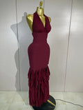 Women Evening Party Prom Gown Birthday Club Dress Sexy Backless Halter Neck Sleeveless Ruffles Pacthwork Bodycon Bandage Dress