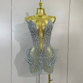 2026 Sexy Deep V Mesh See Through Mini Dress Women Sparkly Silver Diamonds Eveing Party Birthday Bar Nightclub Stage Costumes