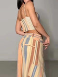 Sweet Summer Outdoor Travel Striped Corset Camisole Set for Women Thin Strap Lace Up Outfit for Seaside Vacation Casual Wear