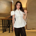 Vintage Women Satin Solid Jacket Puff Short Sleeve Single Breasted Waist Top Fashion All-match Retro 2026 Spring Summer Coat