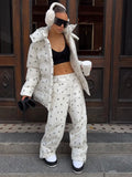 Women Floral Print Hooded Puffer Snow Suit Two Piece Outfit Thick Warm Winter Windproof Ski Jacket Wide Leg Pants Set Outdoor
