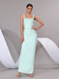 Women'S Luxury Pearl Bead Tight Bandage Long Dress Sexy Square Neck Sleeveless Elegant Evening Wedding Banquet Party Gown