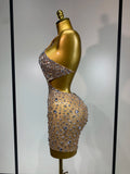 Women Sexy Mesh See Through Mini Dress Luxury Rhinestones Stage Costume Singer Dancer Nightclub Evening Party Birthday Dresses